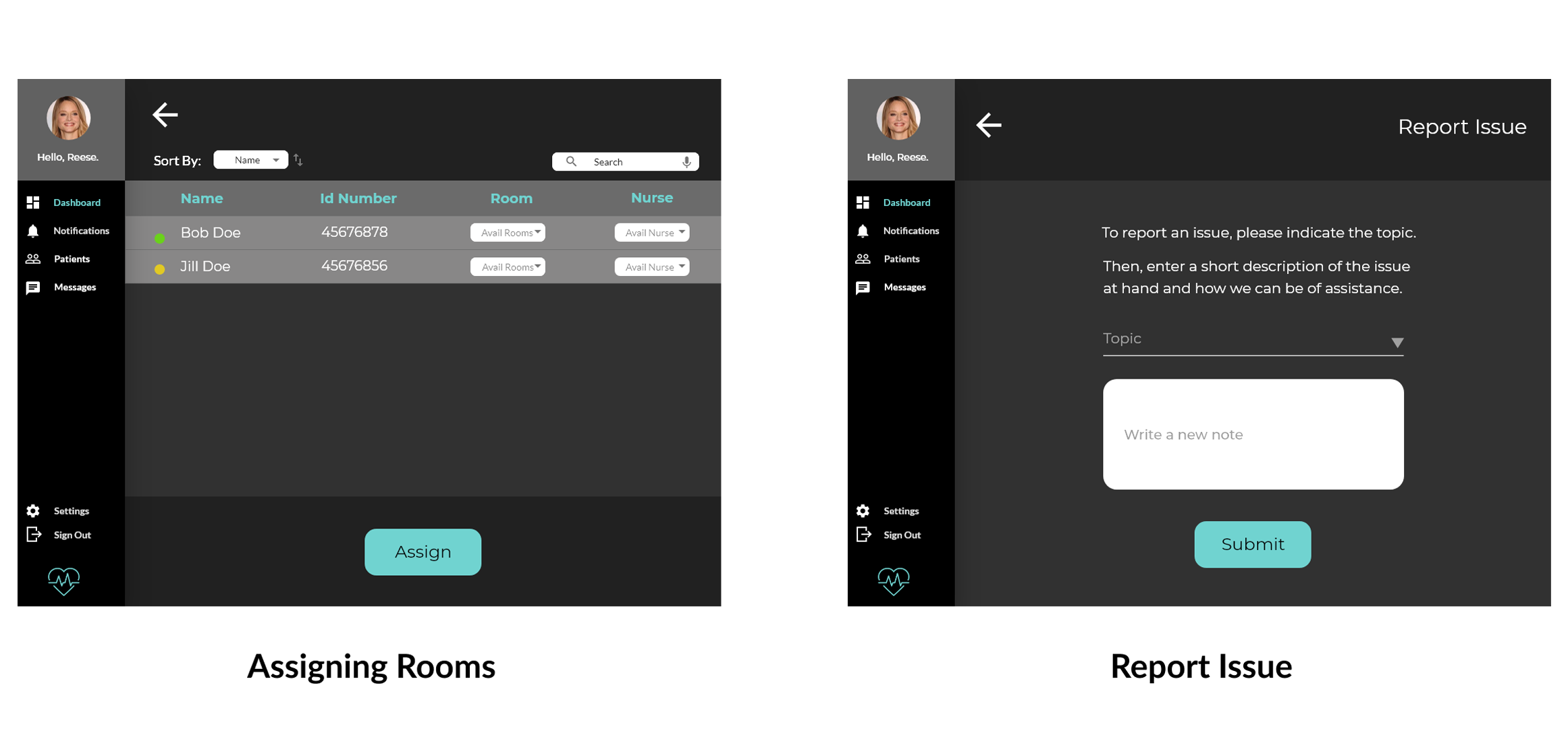 Room assignment and issue reporting screens